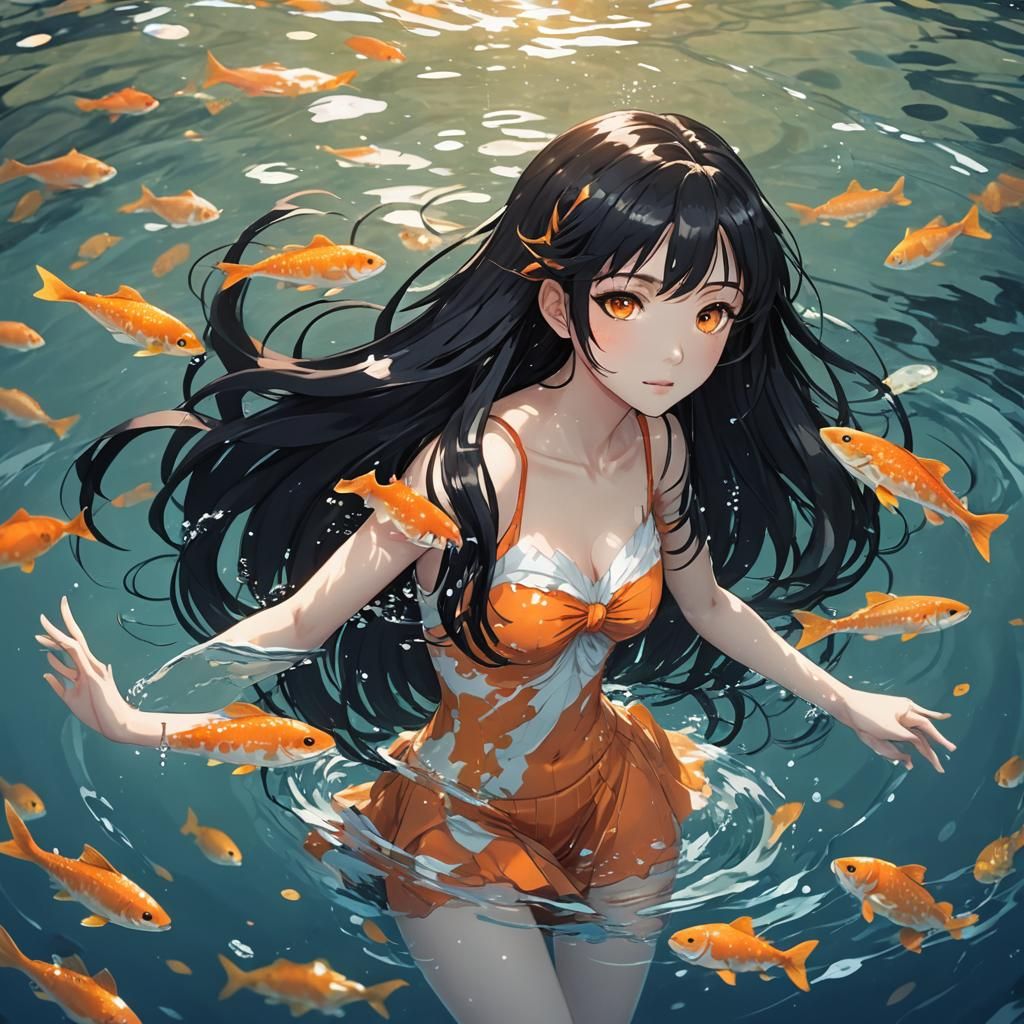Anime Girl Swimming with Scales in 90s Style
