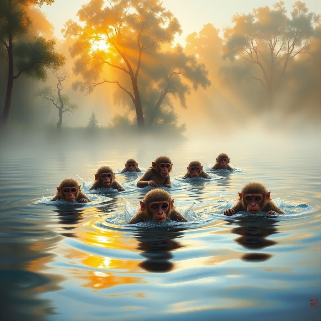 Monkeys Swimming in Misty Lake at Dawn, Impressionistic Oil ...