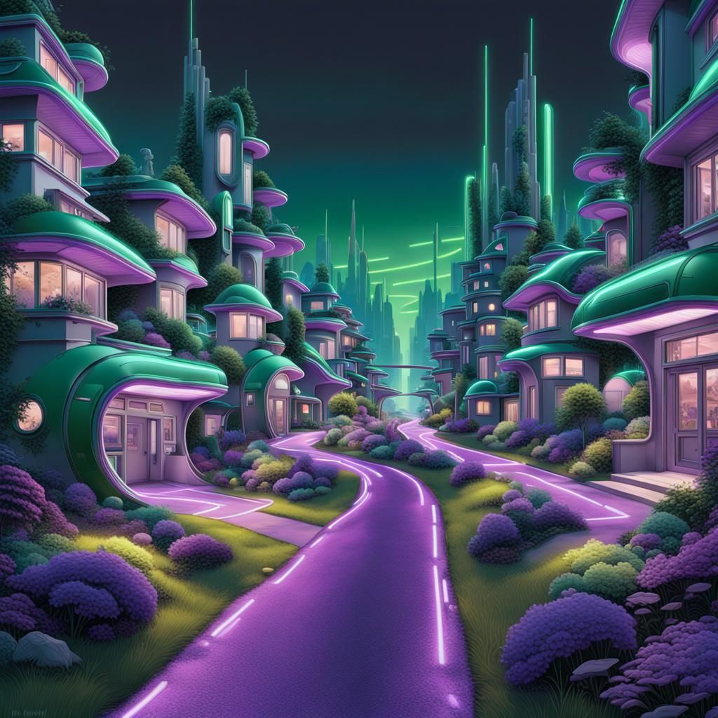 Neon Road Through Green Futuristic Suburb