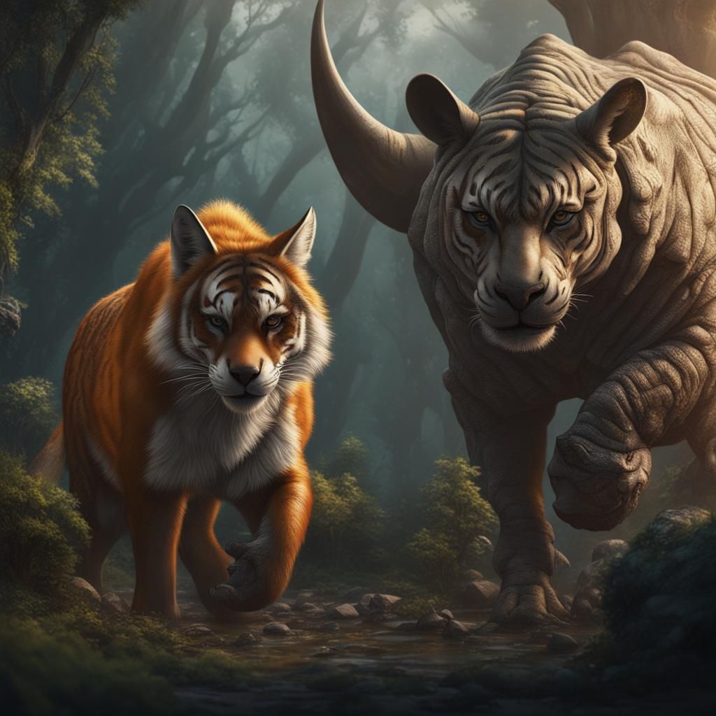 Fox, Tiger, and Rhino Fantasy Art
