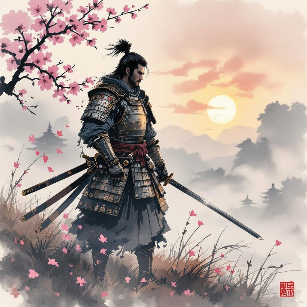 Samurai Warrior on Battlefield in Ink Wash Style