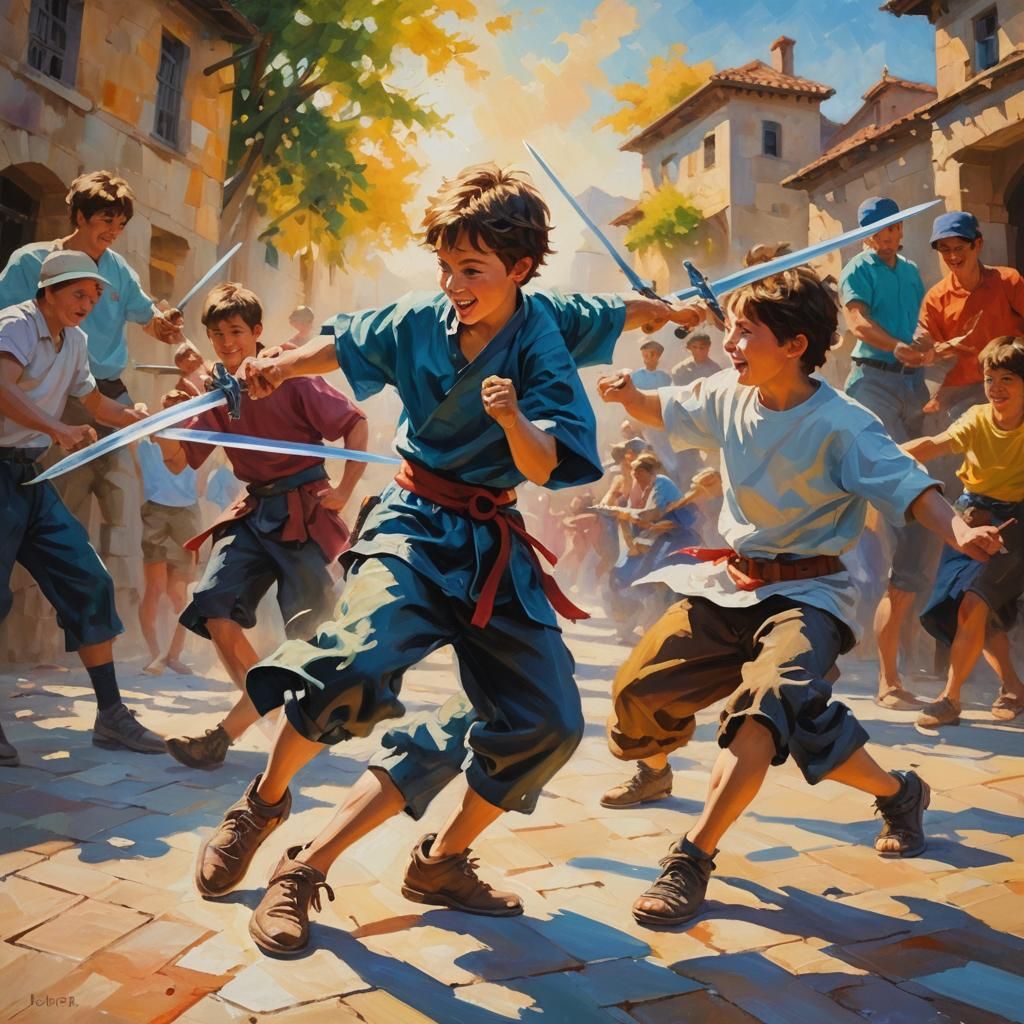 Energetic Boy's Sword Fight as Oil Painting