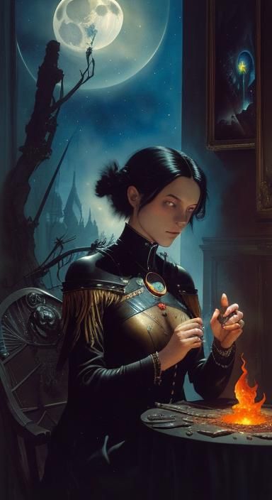 Surreal Hand with Fire, Moon, and Flowers