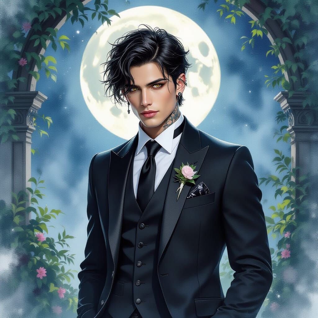 Dashing Man in Gothic Suit Posing in Moonlight