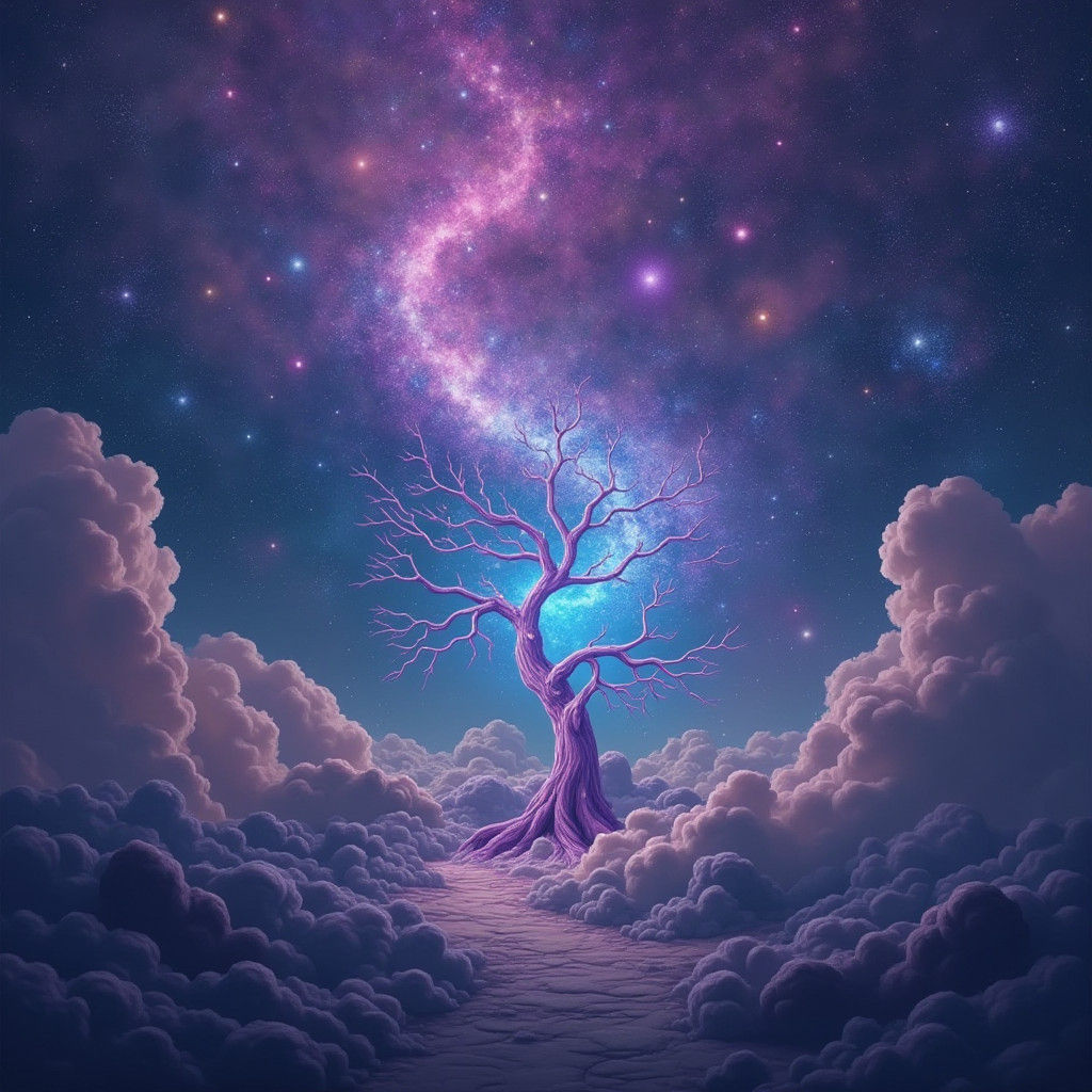 Cosmic Tree Exhaling Nicotine Vapor in Astral Style