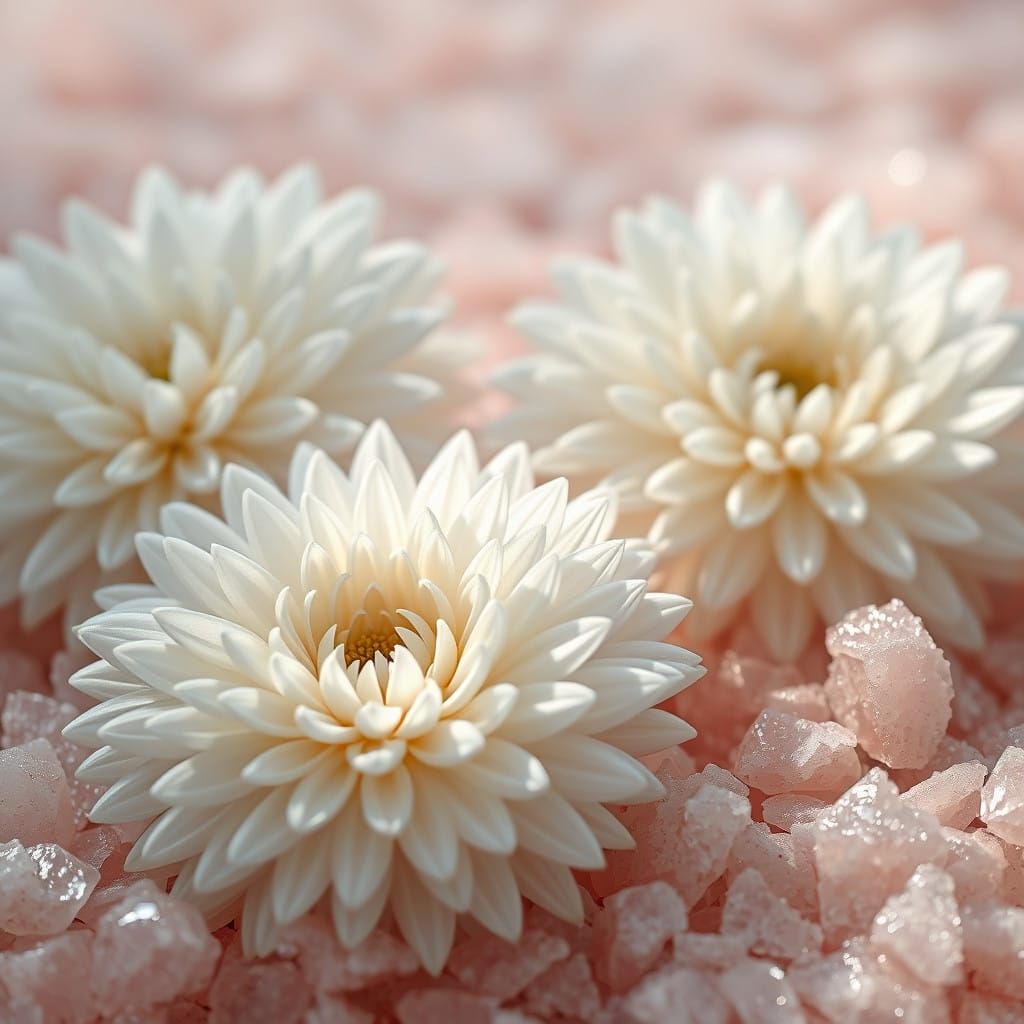 Surreal Snow-White Chrysanthemums in Pink Salt, Close-up in....