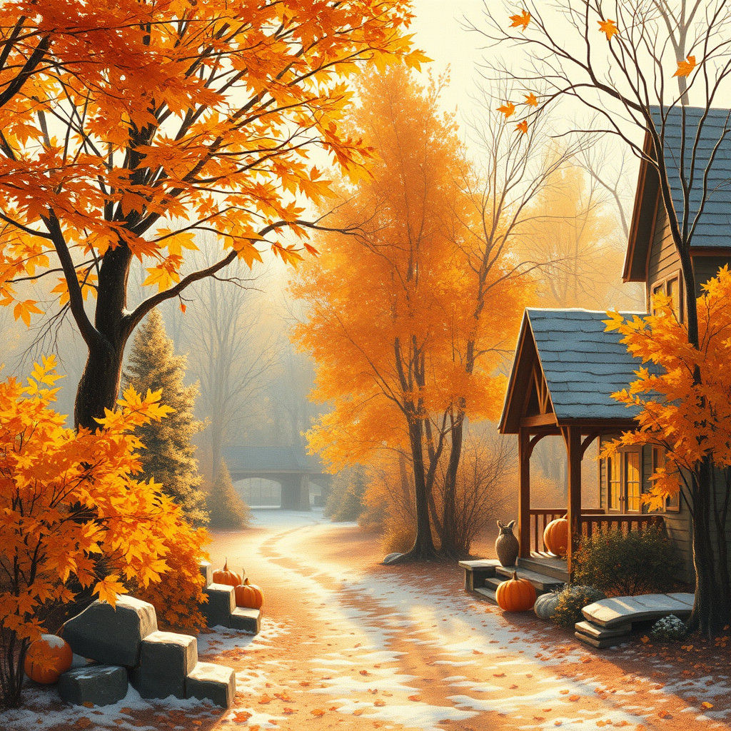 Golden Autumn Landscape with Snowflakes and Thanksgiving Che...