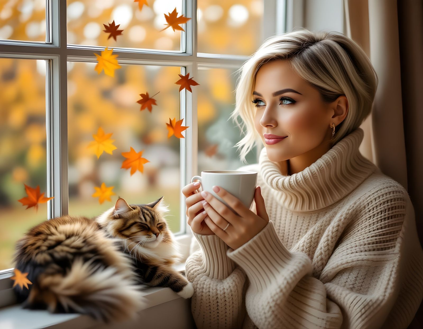 Cozy Autumn Scene: Woman with Coffee and Cat by Window