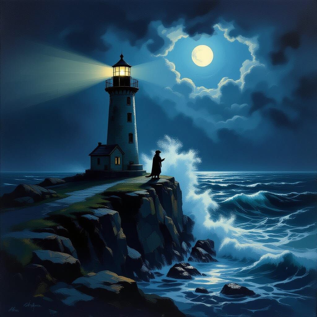 Lighthouse Beacon on Stormy Coast with Otter Watcher