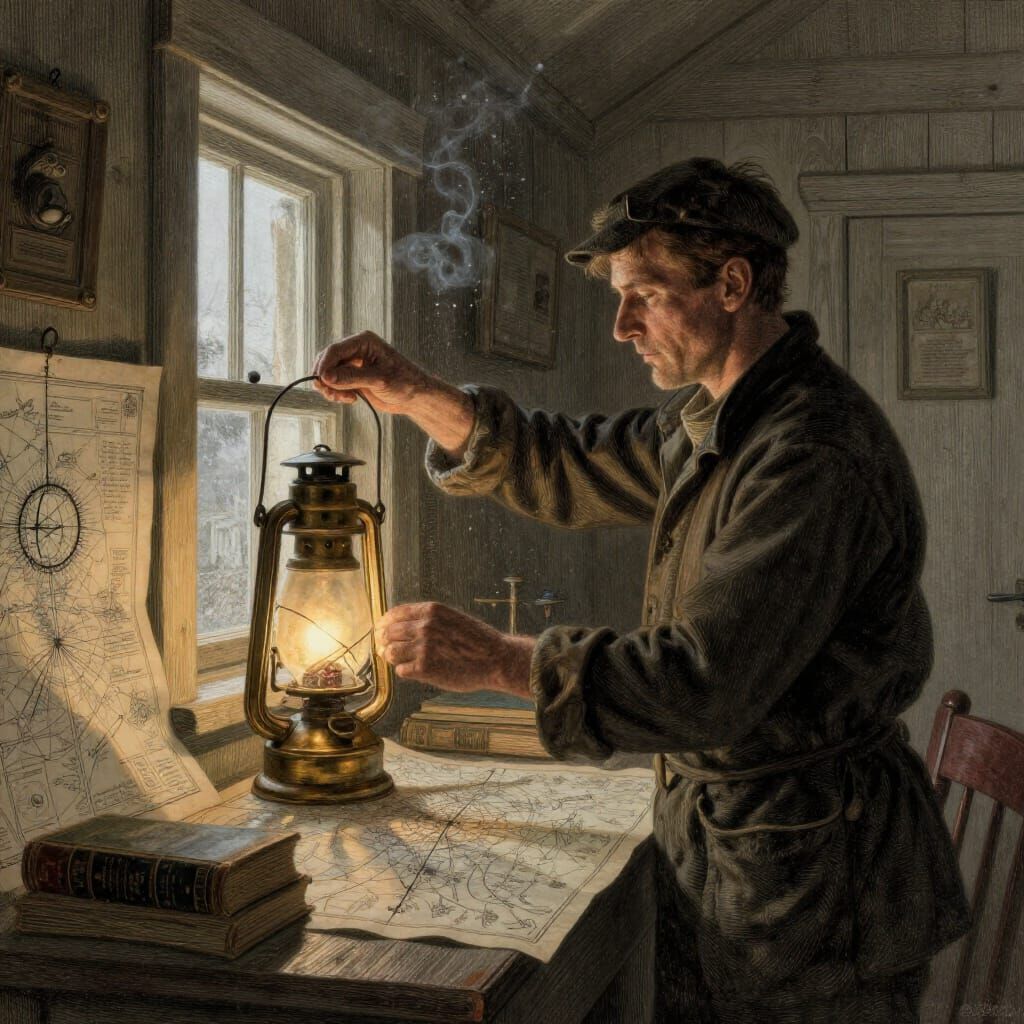 Lighthouse Keeper Polishing Lantern in Vintage Maritime Styl...