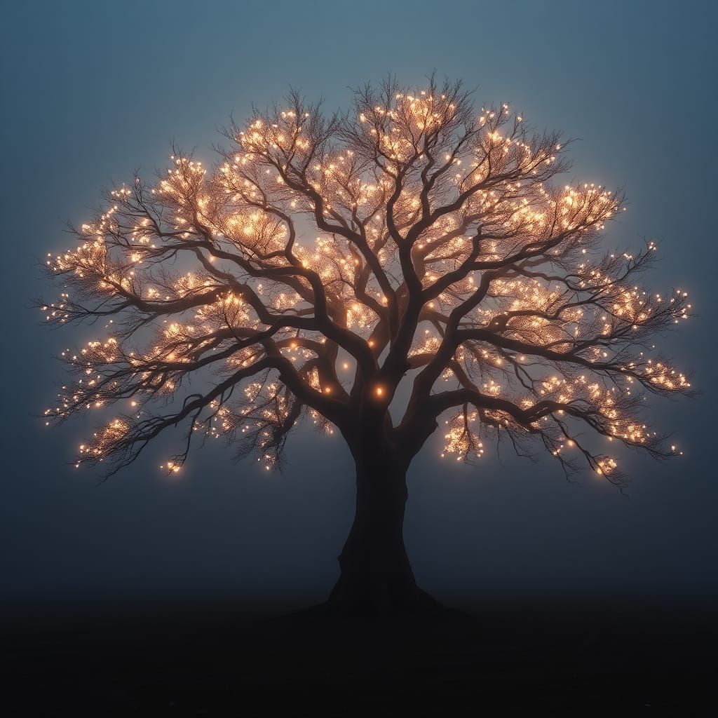 Luminous Tree in Dark Landscape, Ethereal Digital Art