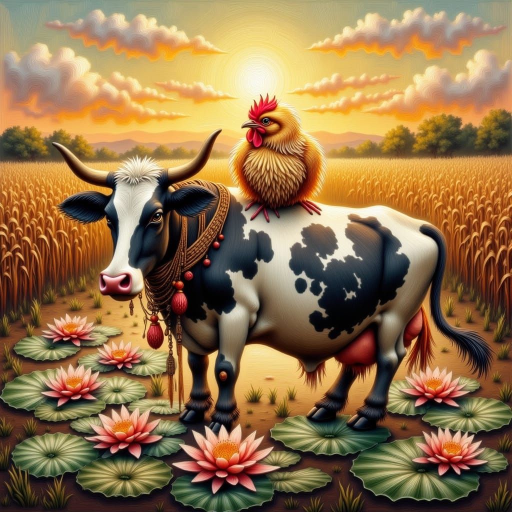 Chicken Stroking Cow: Ornate, Detailed Symbolism
