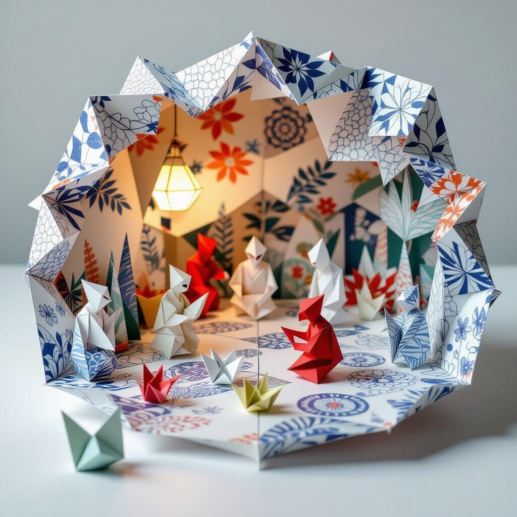 Intricate Origami Papercraft Scene with Zentangle Patterns