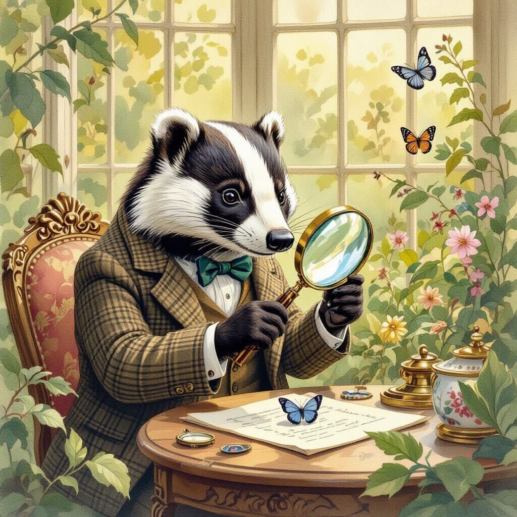 Badger Naturalist Inspects Butterfly as Watercolor Illustrat...