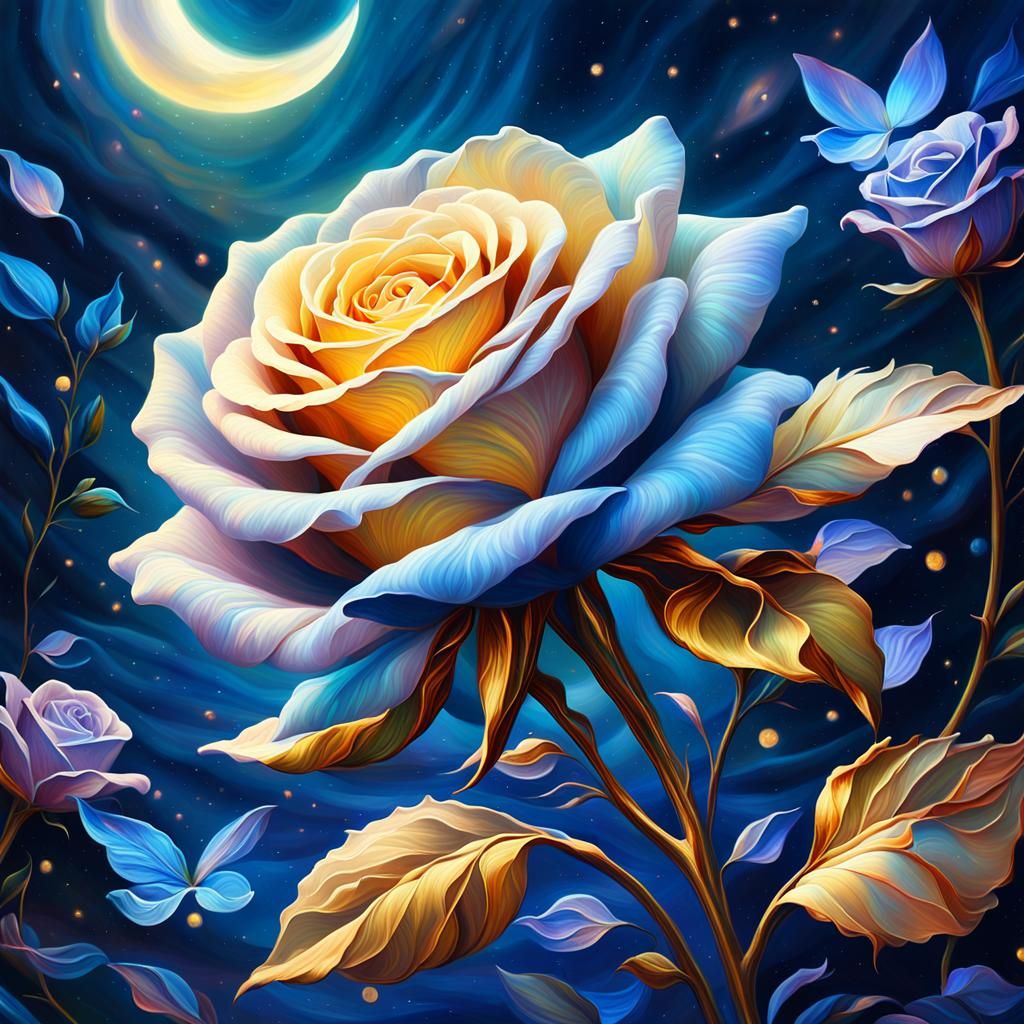 Celestial Rose with Shimmering Petals: Digital Fantasy Art