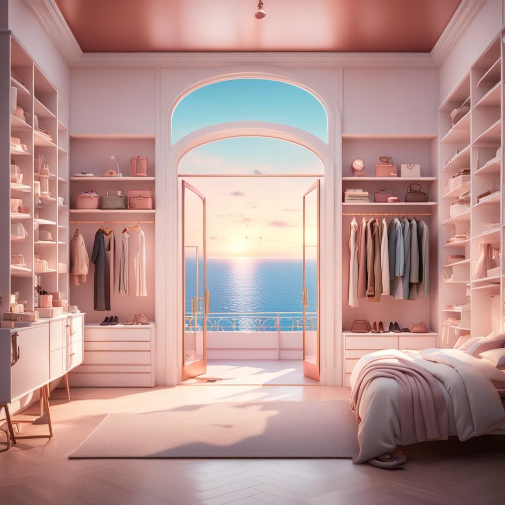 Rose Gold Dressing Room with Sea View: 3D Digital Art