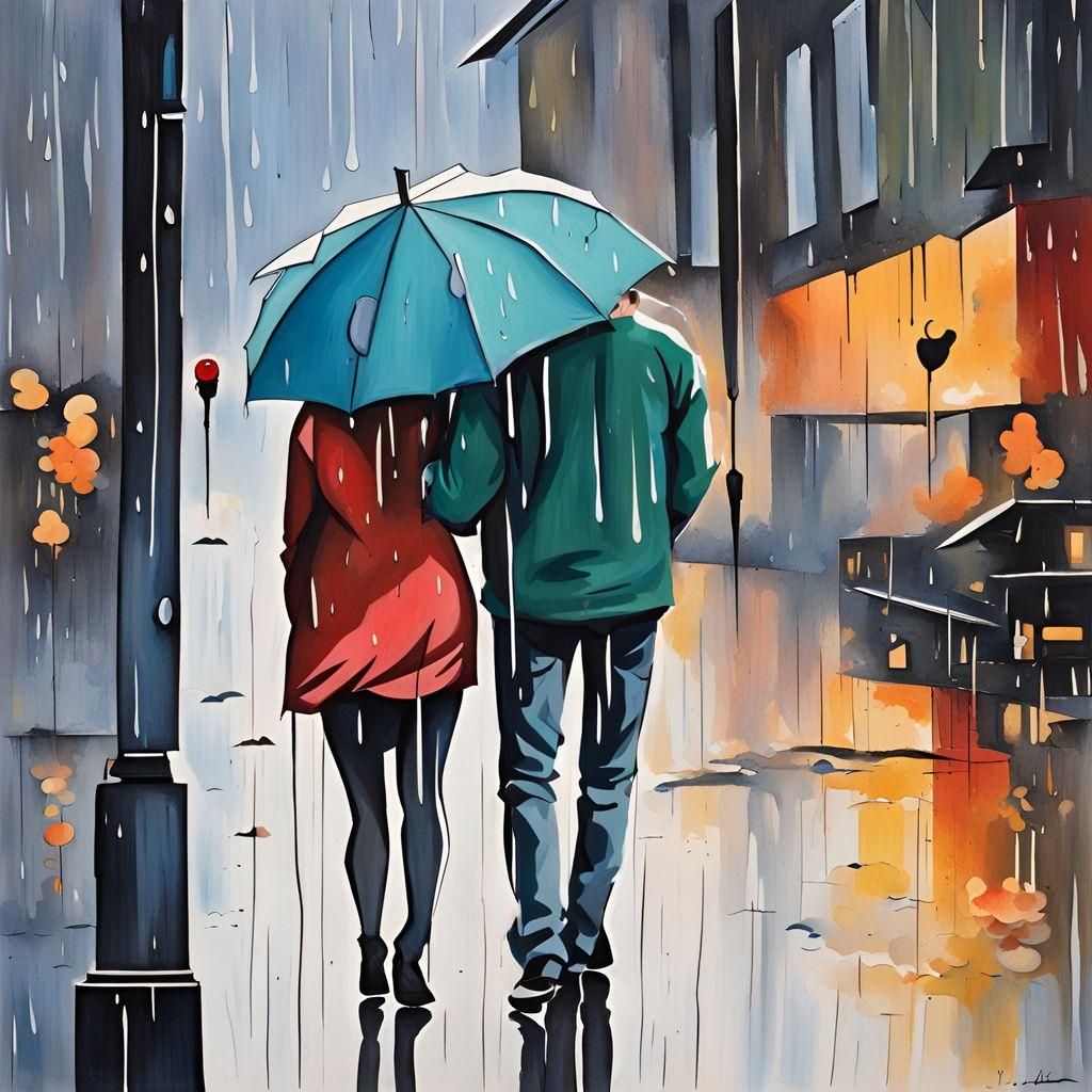 Coupled Emotions under Rainy Skies in Gouache