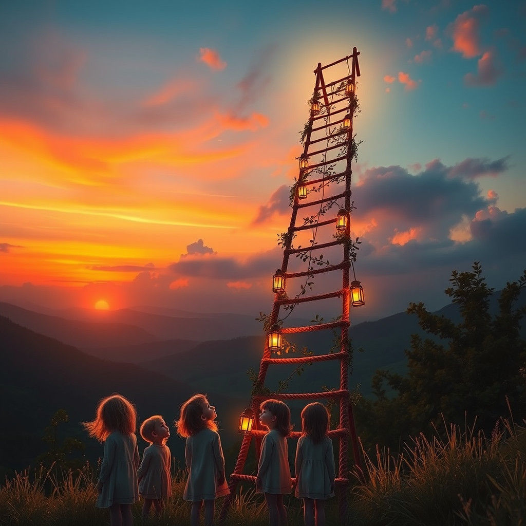 Children Gaze at Ladder to Heaven at Sunset