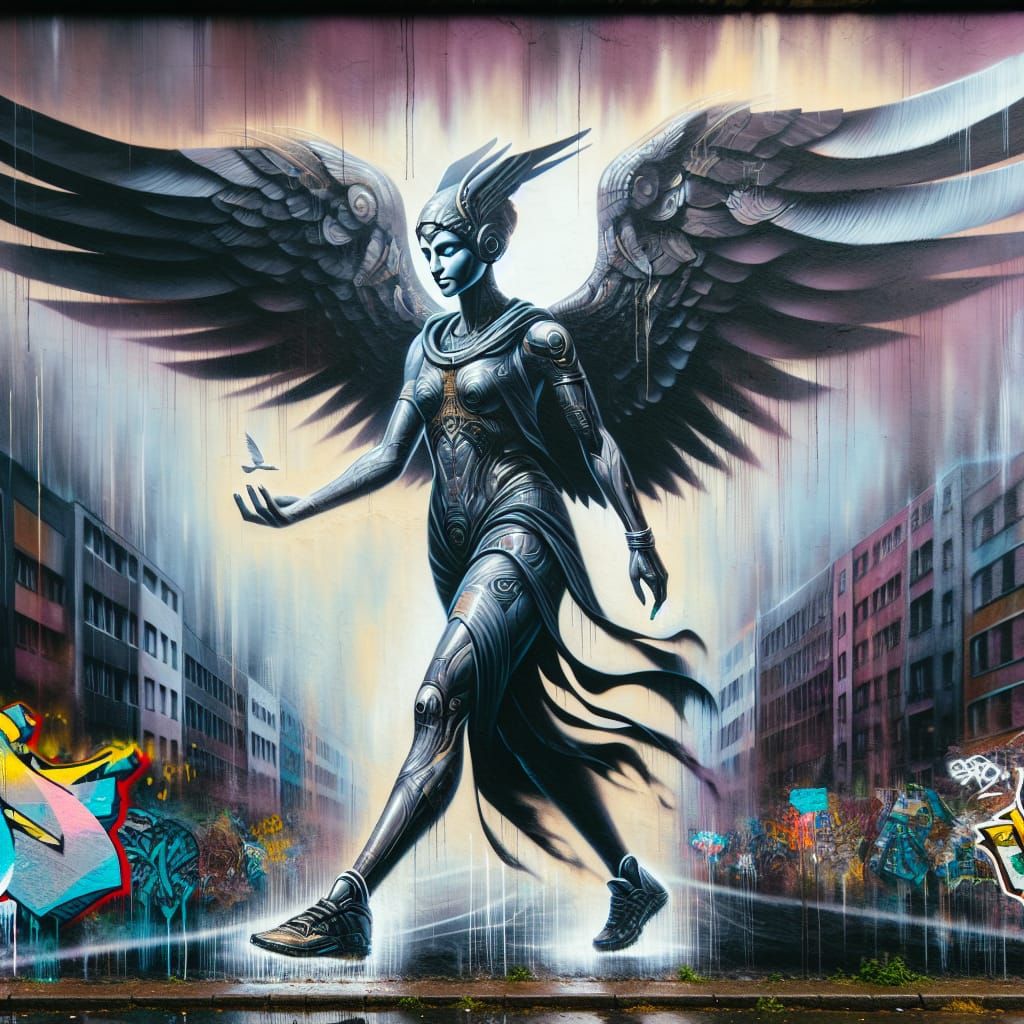 Polychromatic Graffiti Art of Winged Divine Figure