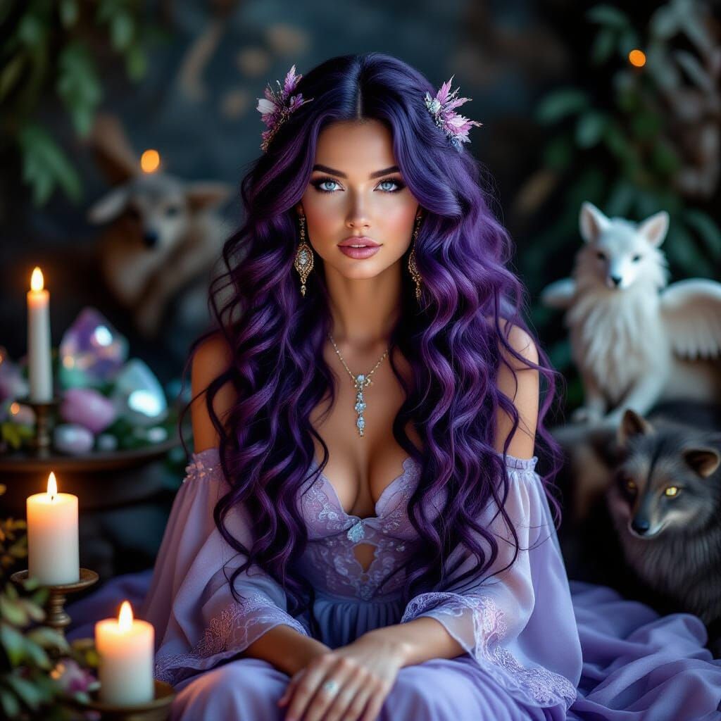 enchanting woman with long curly amethyst color hair fractal...