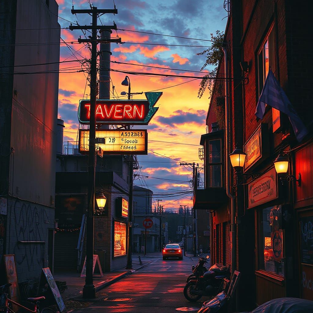 Surreal Industrial Tavern at Dawn with Neon Sign