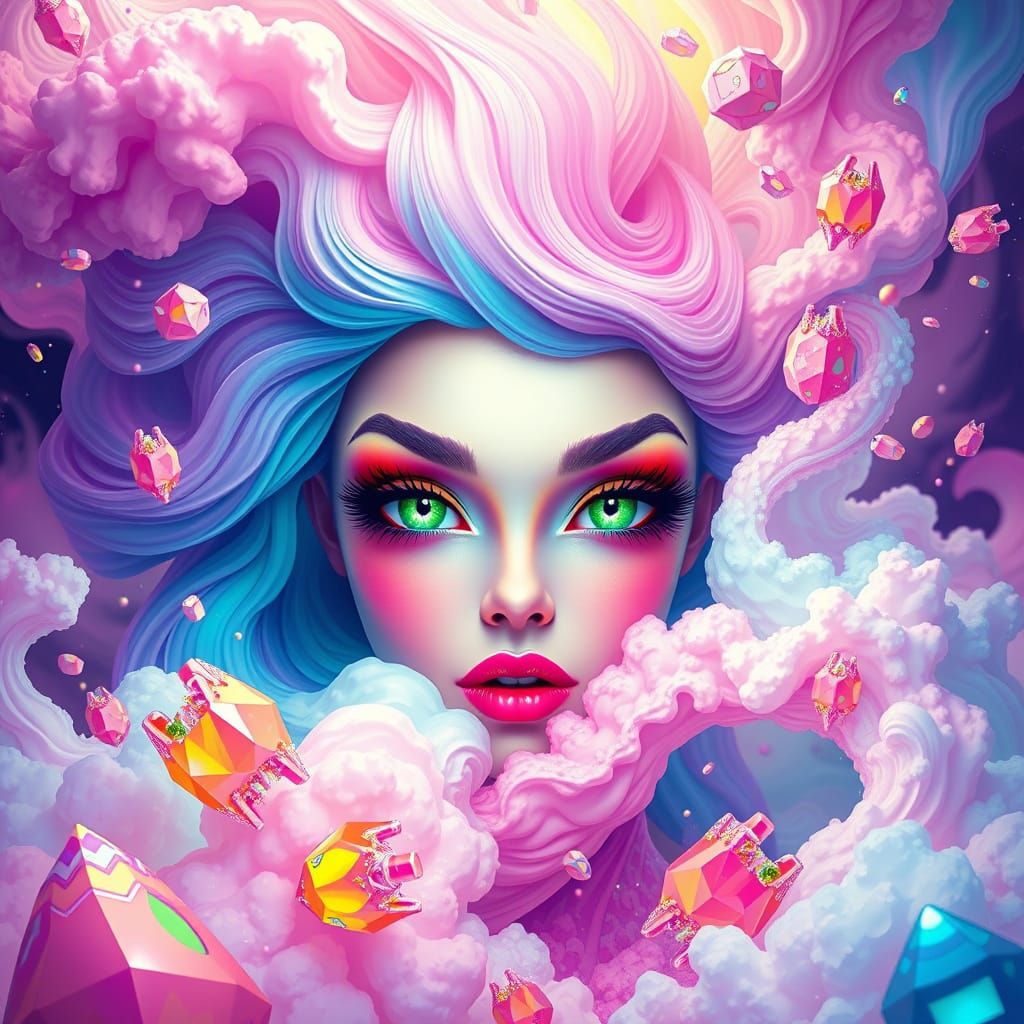 Whimsical Emerald Goddess in a Sugary Dreamscape