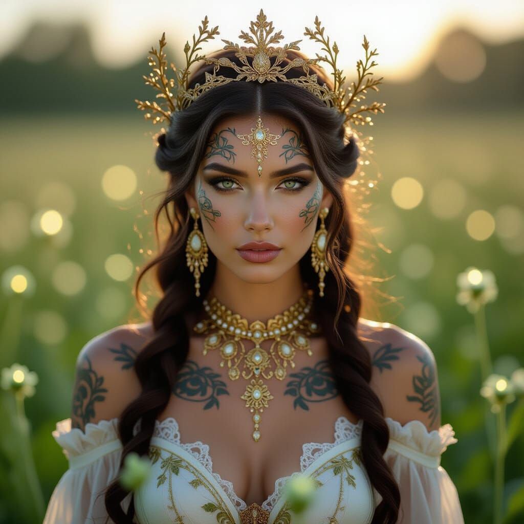 Regal Woman with Bioluminescent Flora in Art Nouveau Style