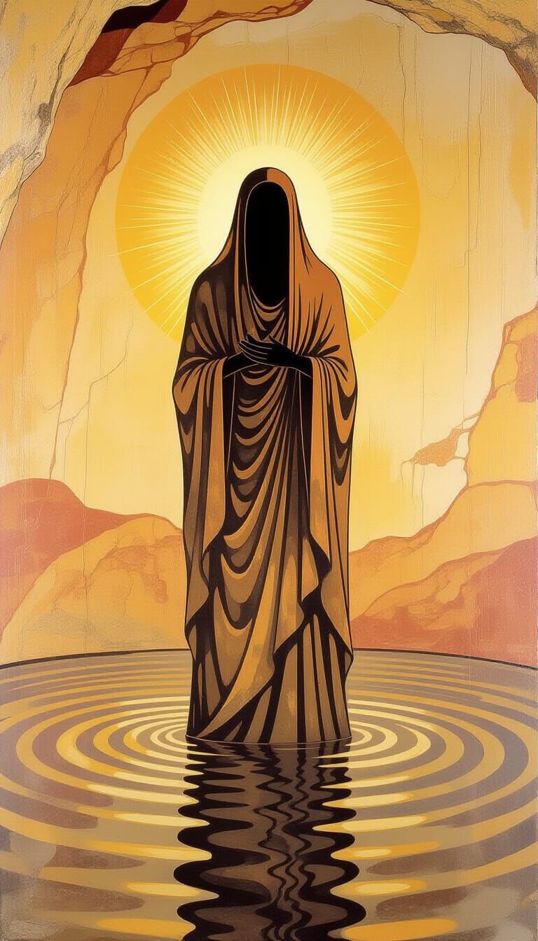 Ethereal Figure in Glowing Water Ancient Cave Painting