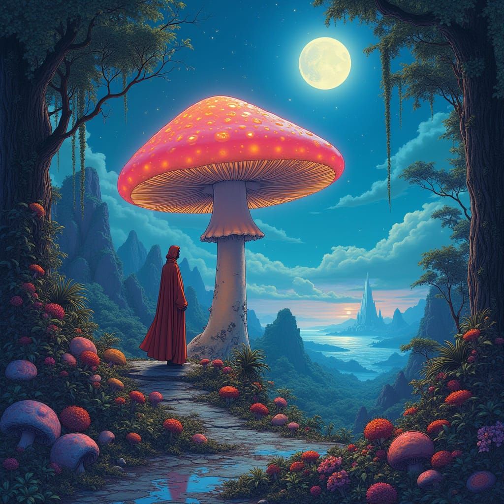 Alien Jungle: Bioluminescent Mushroom in Surreal Vista