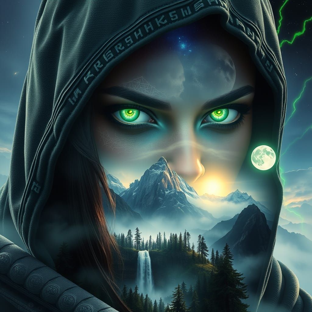 Mystical Warrior Goddess with Glowing Green Eyes and Majesti...