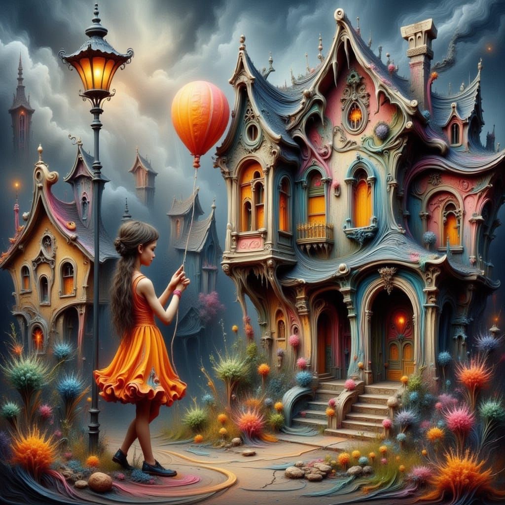 Girl with Balloon by Crooked Houses in Tim Burton Style