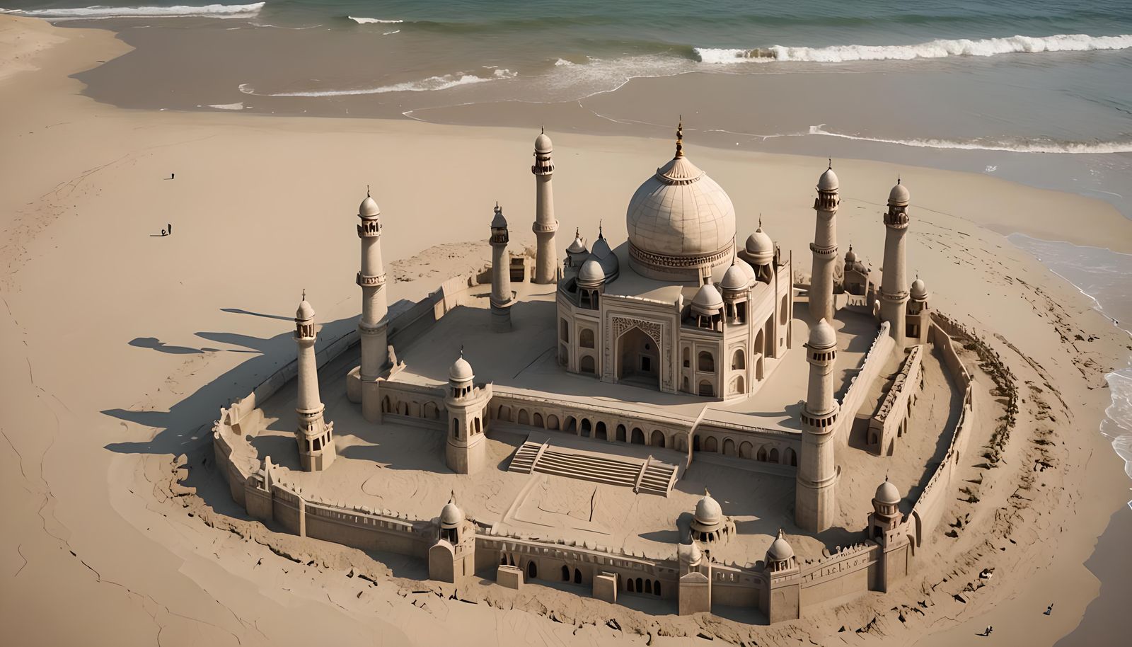Taj Mahal Sandcastle on a Beach in 8K