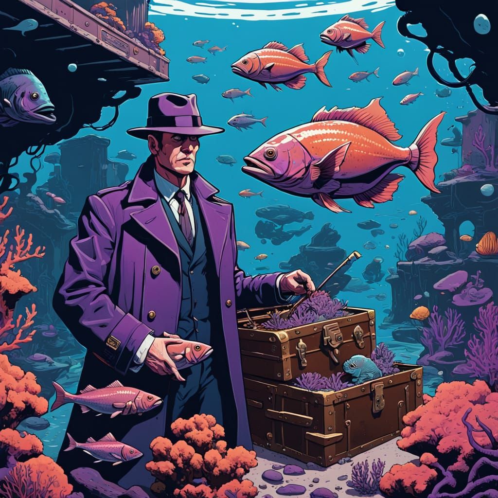 Sleuthing Fish in Retro Pulp Comic Book Style