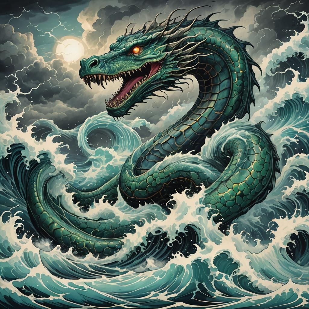 Bioluminescent Sea Serpent Emerges from Stormy Depths