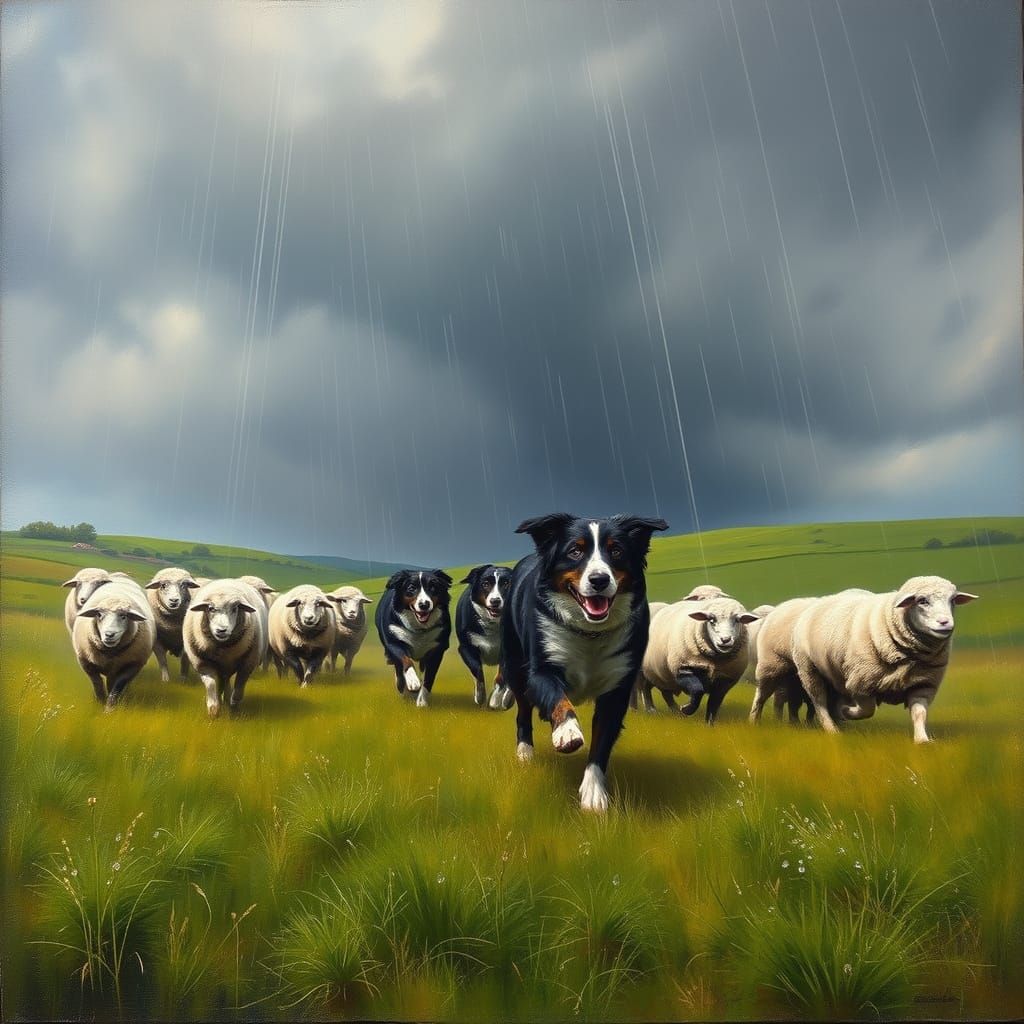 Border Collies Herd Sheep in Dramatic Rainstorm Oil Painting