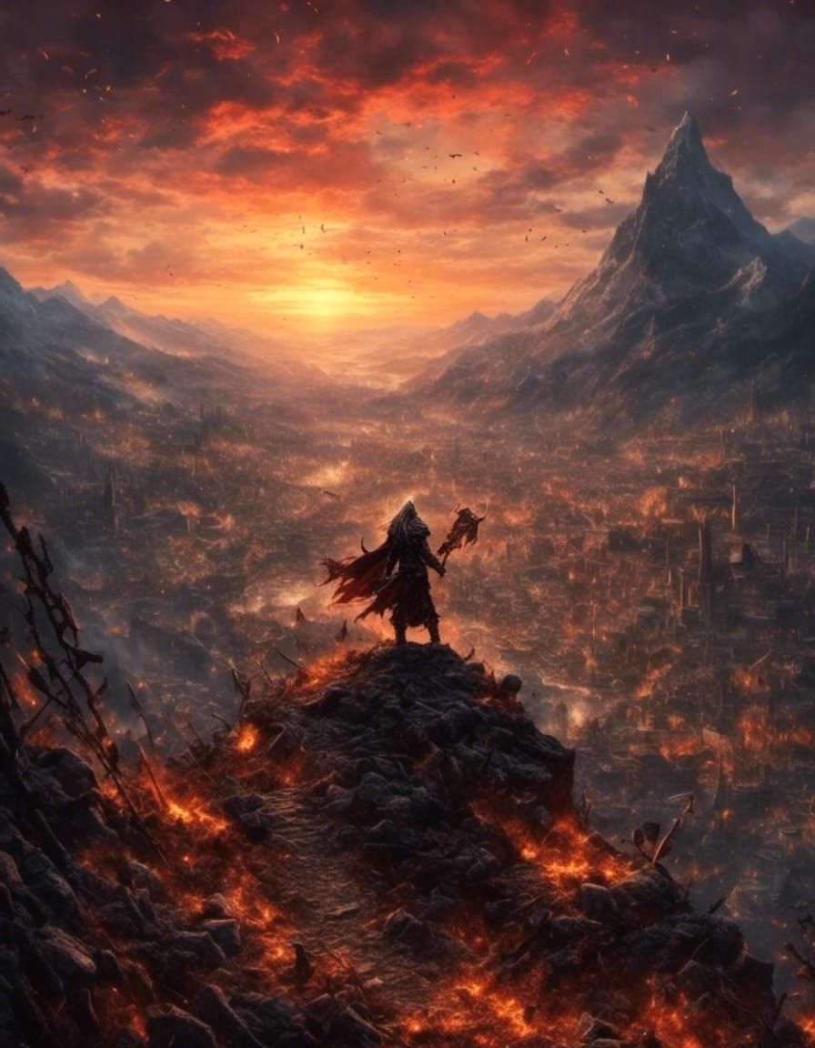 Sunrise Over Mountains with Viking Battle Armor