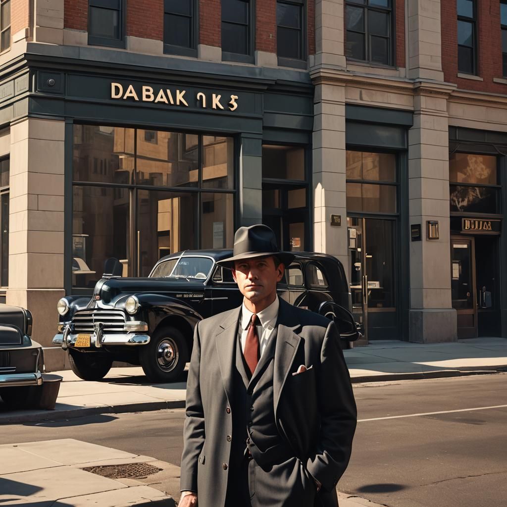 Neo-Noir Man Outside 1950s Bank in 3D