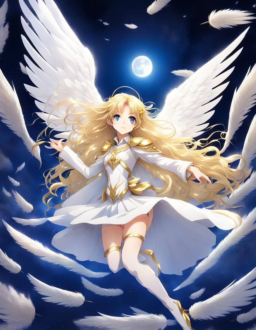 Anime Angel Floats in Space with Full Moon