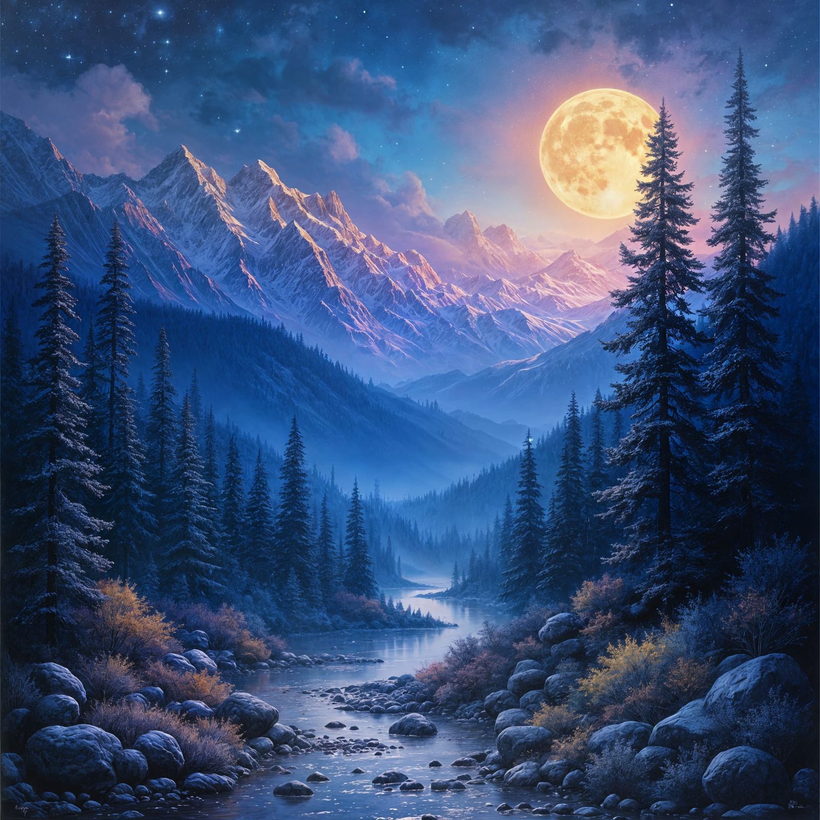 Spectacular Fantasy Mountain Landscape in Luxurious Brushwor...