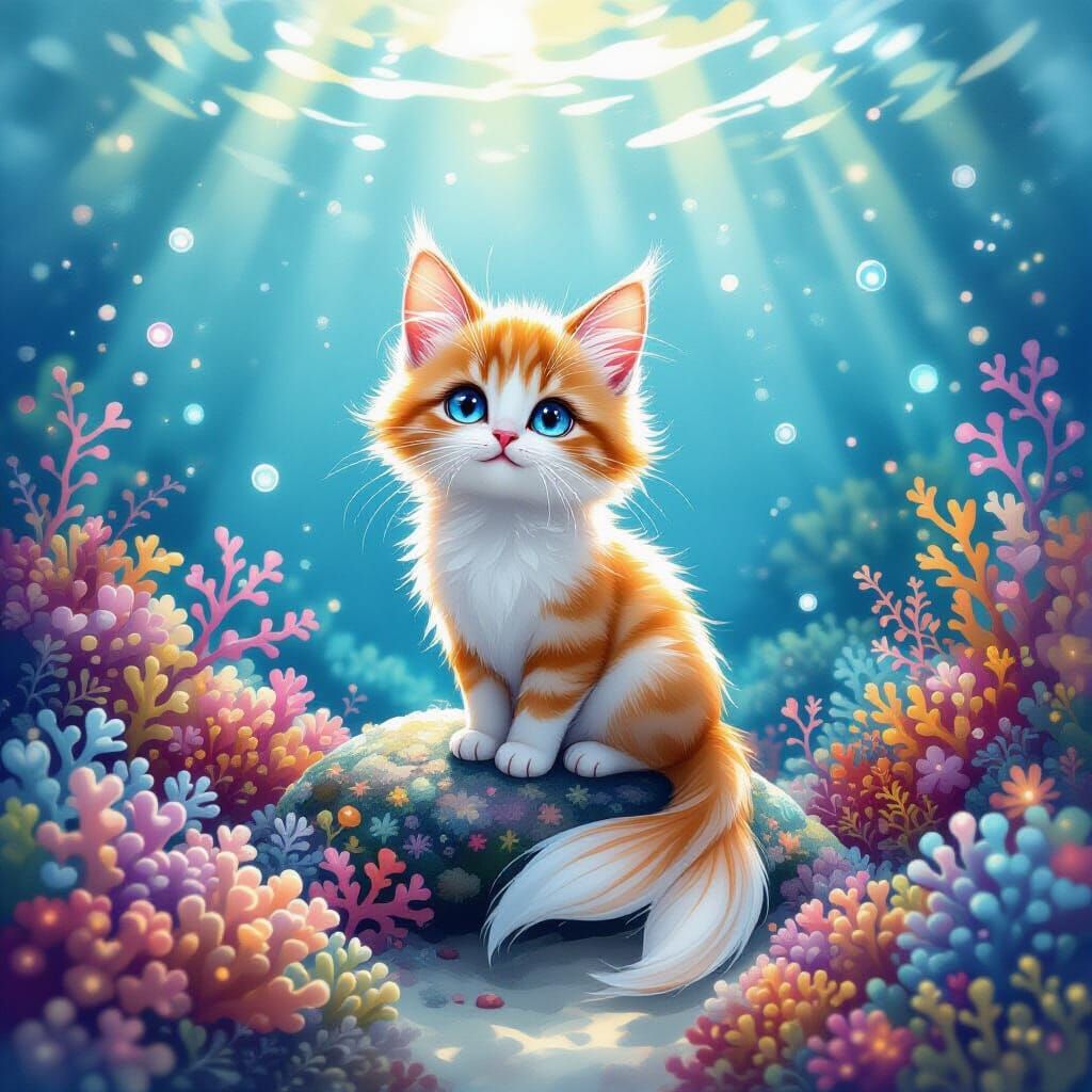 Whimsical Cat Mermaid on Coral Reef