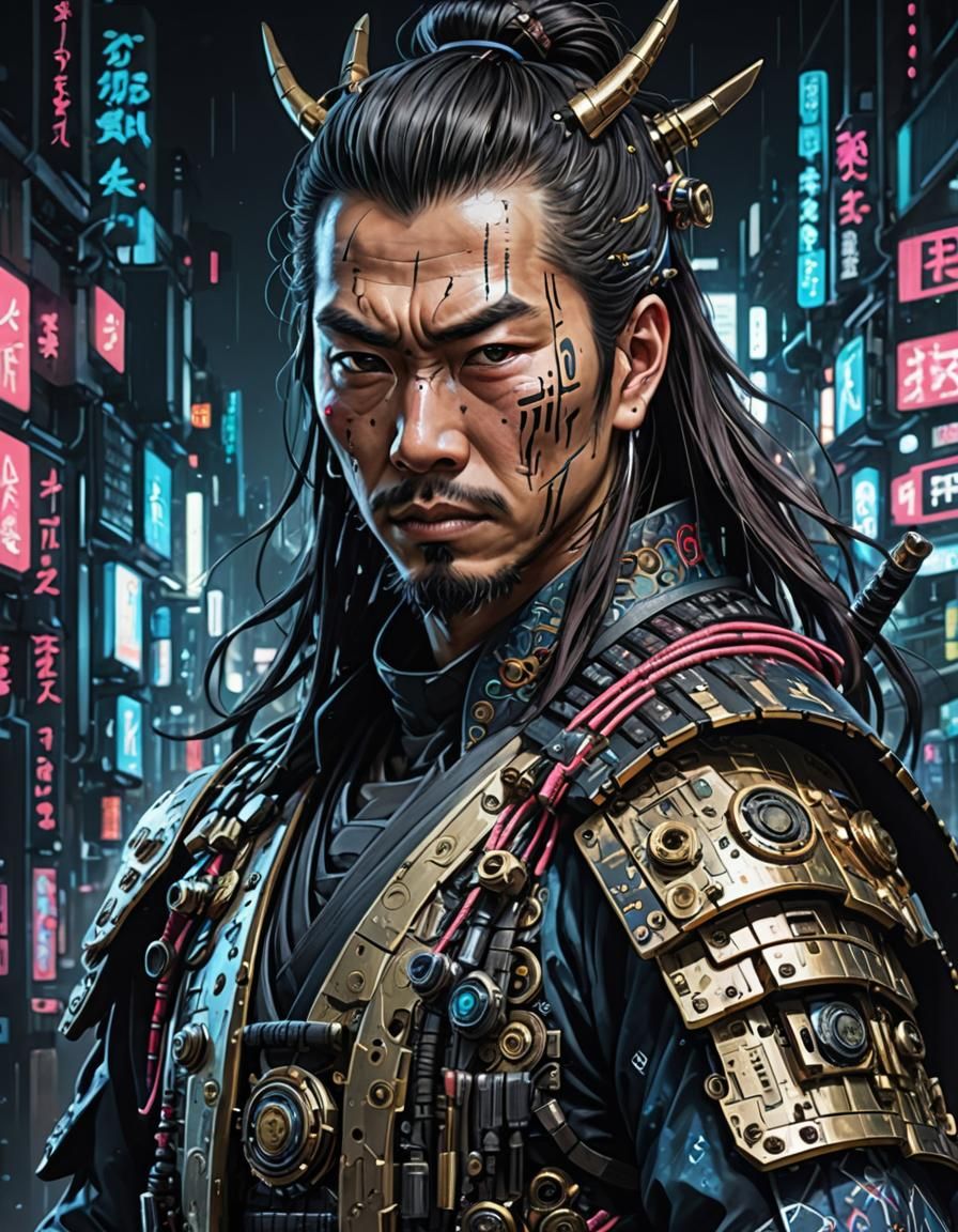 Cyberpunk Samurai Portrait in Digital Art Style