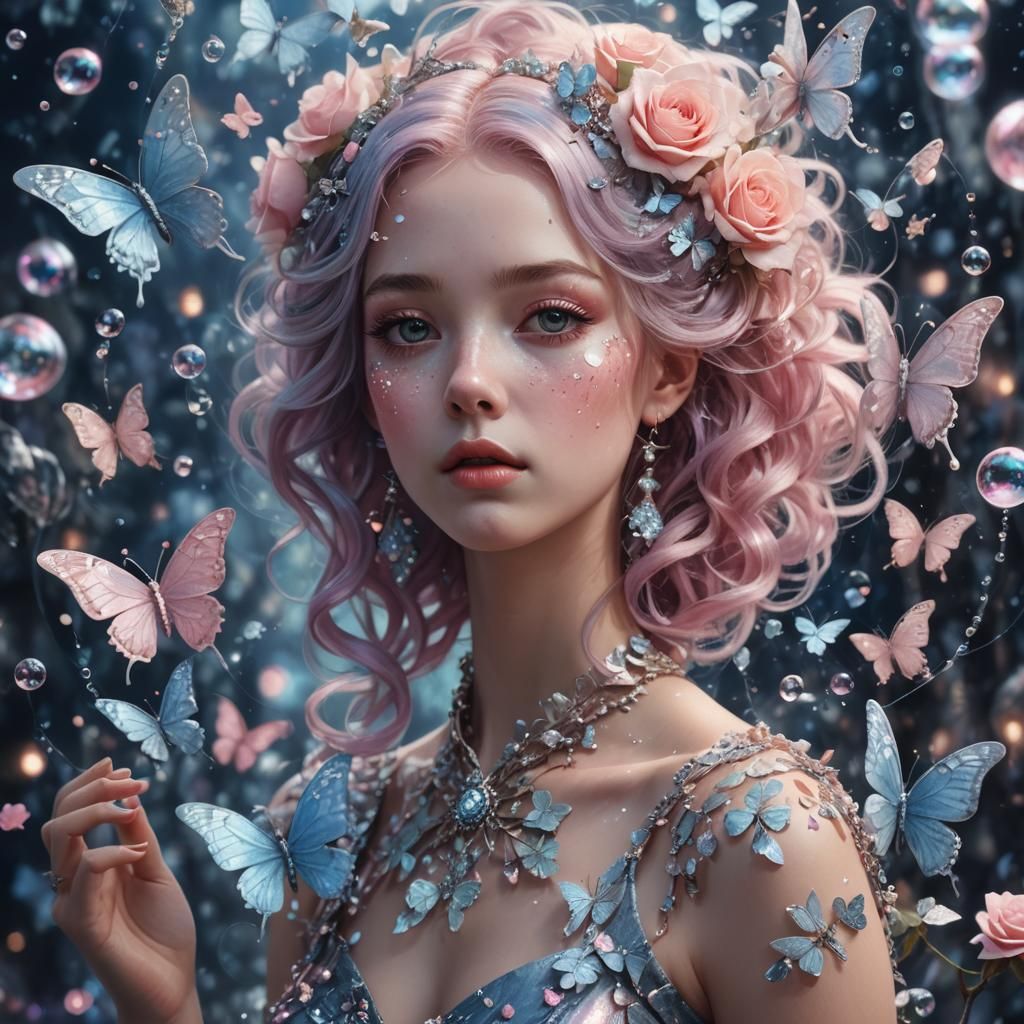 Ethereal Portrait with Butterflies in Pastel Colors