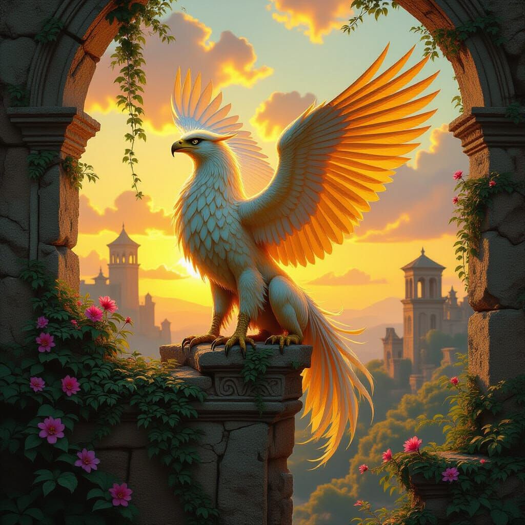 Golden Griffin on Ancient Ruins, Fantasy Art