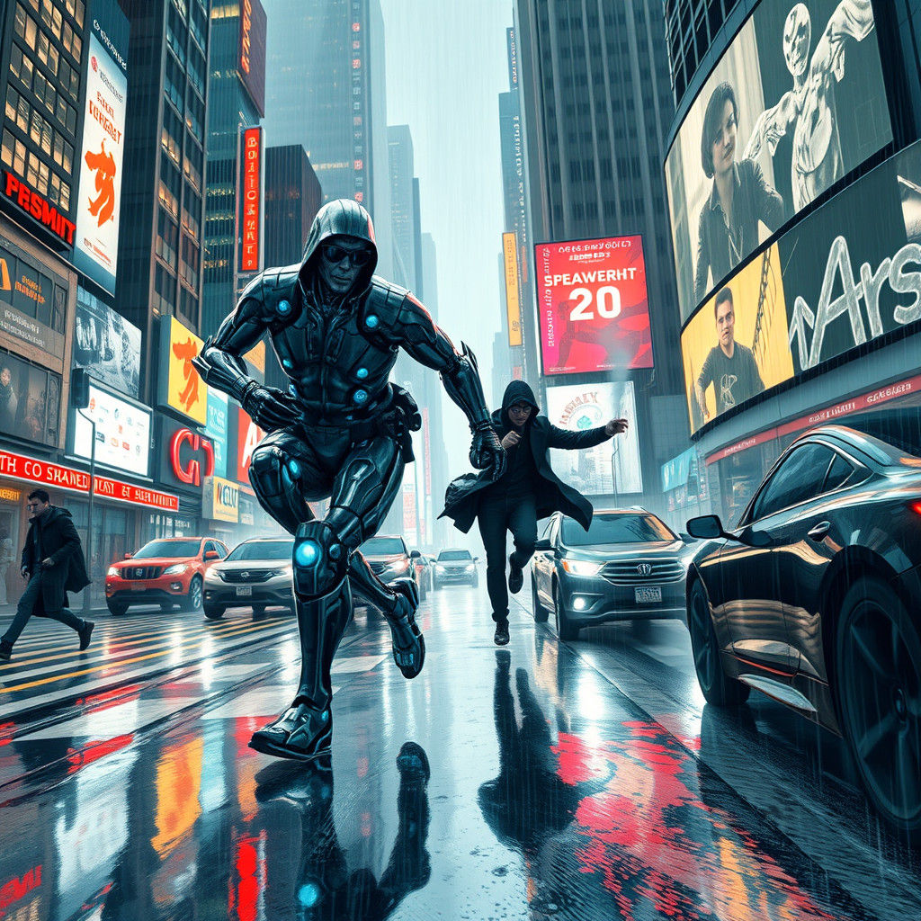 Cyborg Cop Chasing Thief in Neon Cityscape