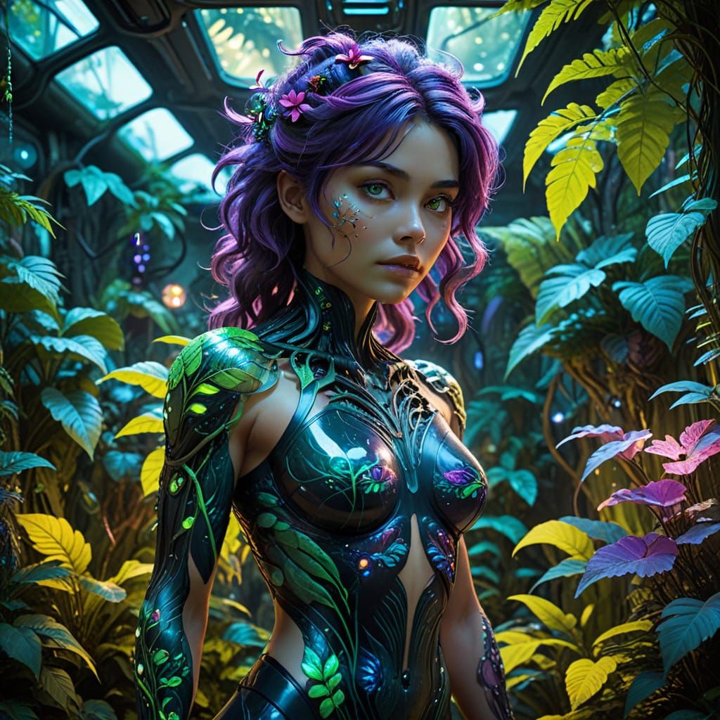 Vibrant Plant-Human Hybrid Woman in Neon Jungle Laboratory