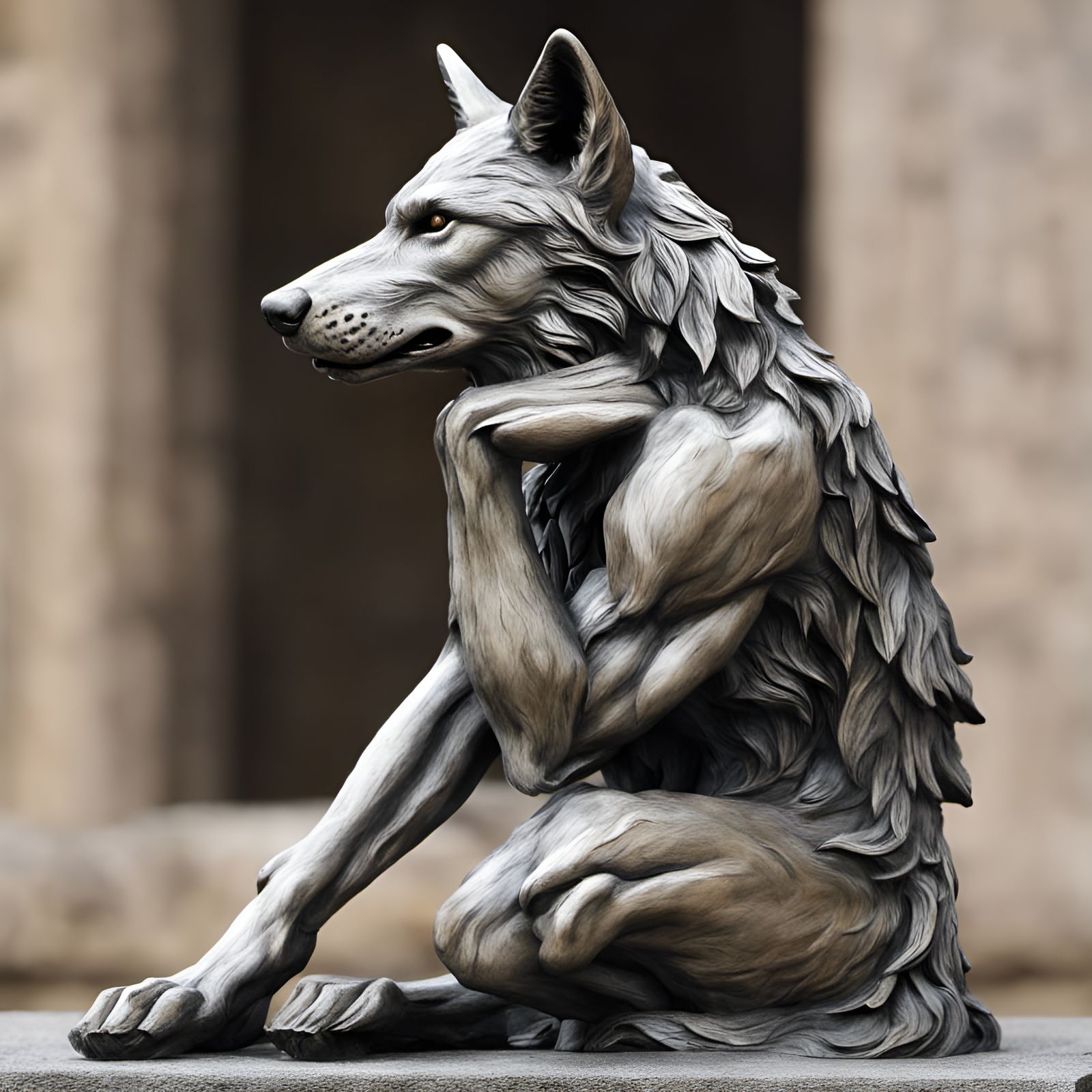 Wolf as The Thinker: A Rodin-Inspired Image
