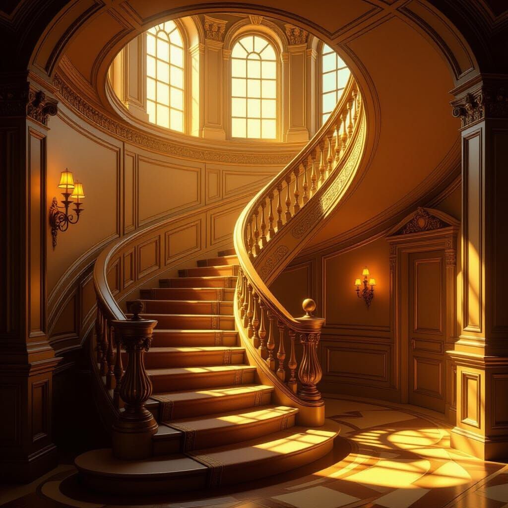 an infinitely twisting staircase bathed in warm, golden ligh...