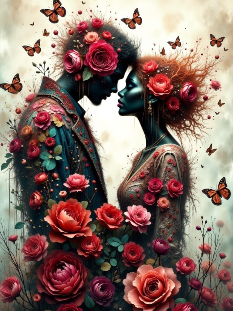 Couple Silhouette Formed From Blooming Flowers and Petals