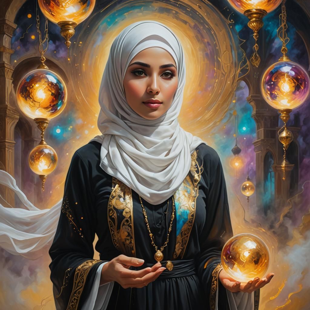 Woman Levitating with Glowing Orbs, Digital Matte Painting