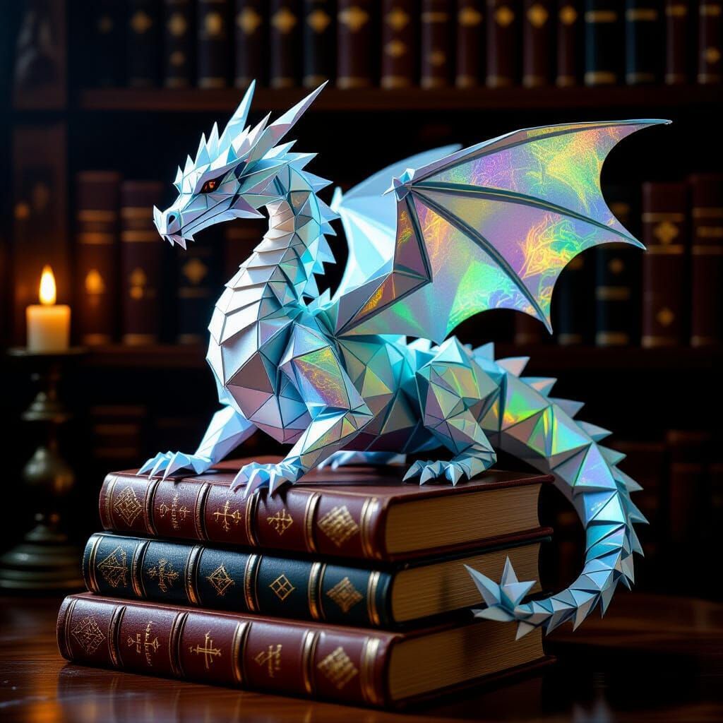 Origami Dragon on Books in Dark Fantasy Library